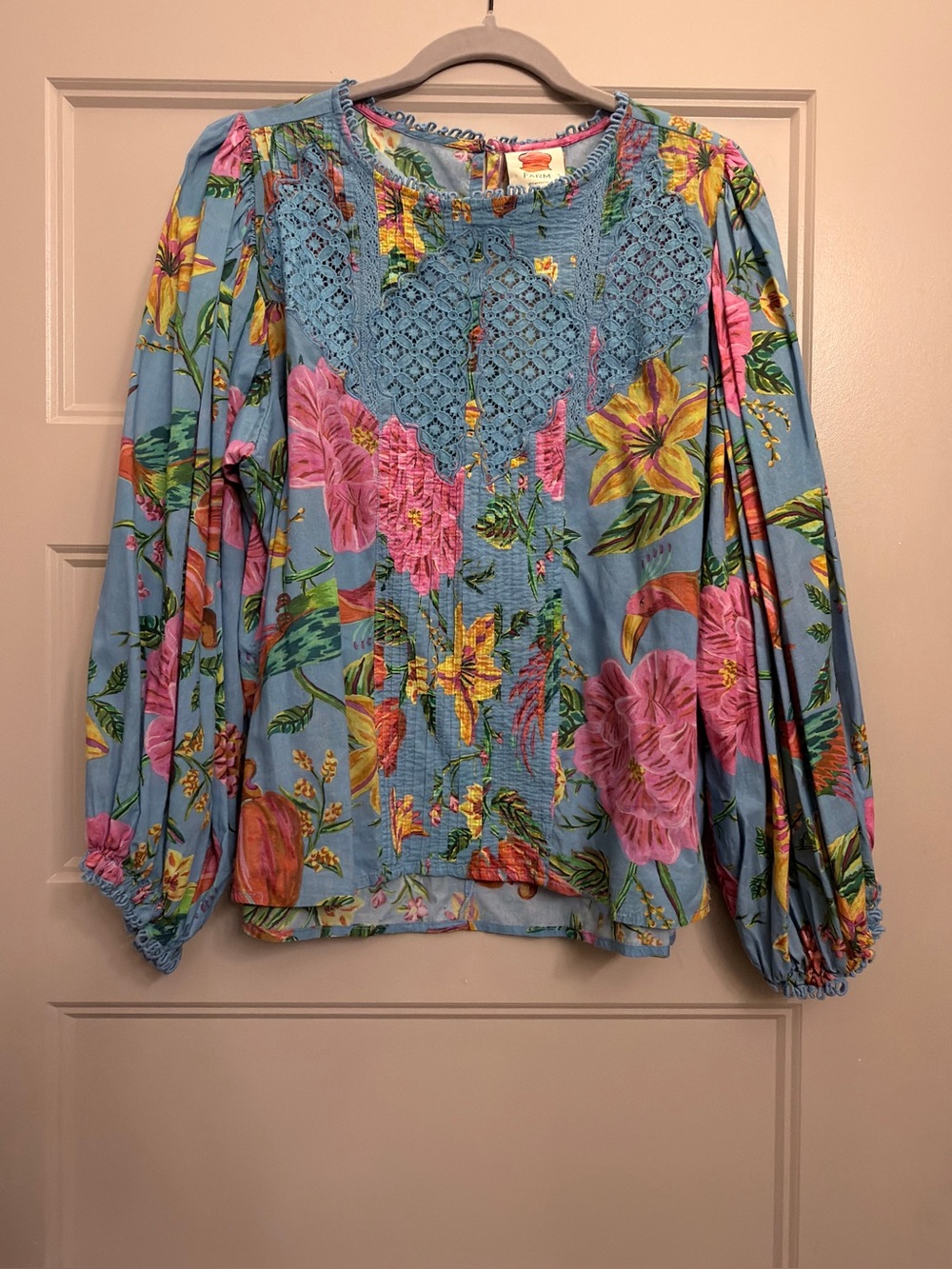 FARM Rio Blue Floral Lace-Trim Puff Sleeve Blouse - Picture 2 of 14